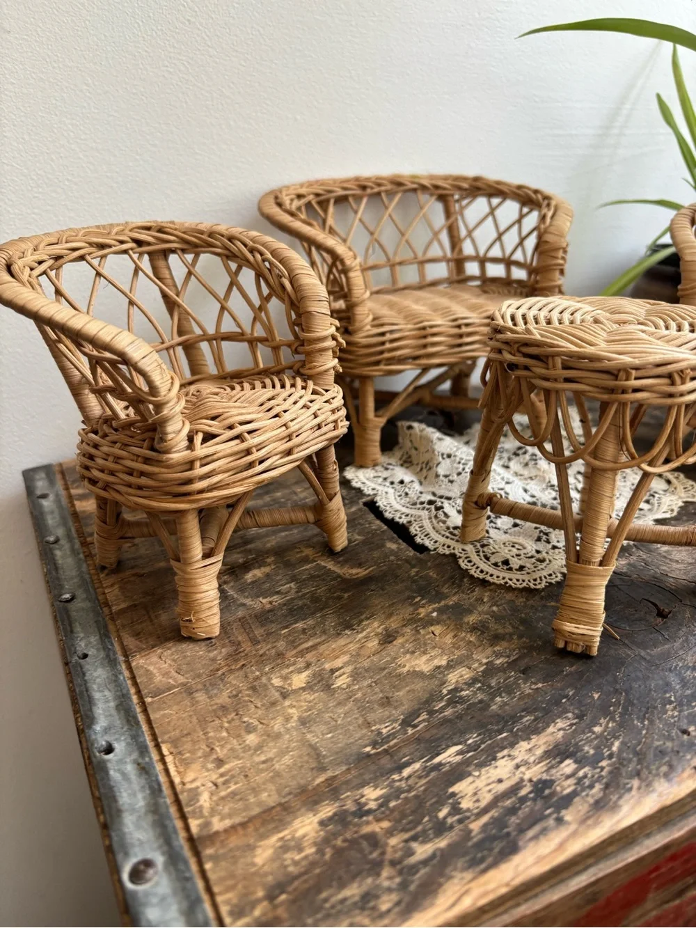 Vintage miniature Natural Rattan Wicker chair and sofa set loveseat